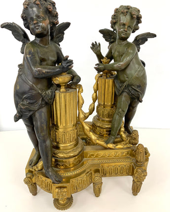 PAIR OF FRENCH 19 C. PATINATED AND GILT BRONZE CHENETS