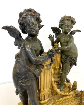 PAIR OF FRENCH 19 C. PATINATED AND GILT BRONZE CHENETS