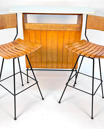 PAIR ARTHUR UMANOFF BAR STOOLS AND MATCHING BAR